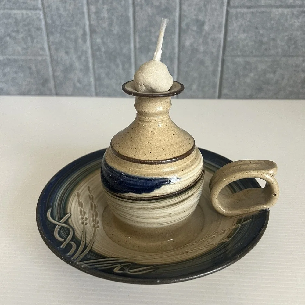 Vintage Studio Art Pottery Oil Lamp With Wick & Ball Candle Holder Signed